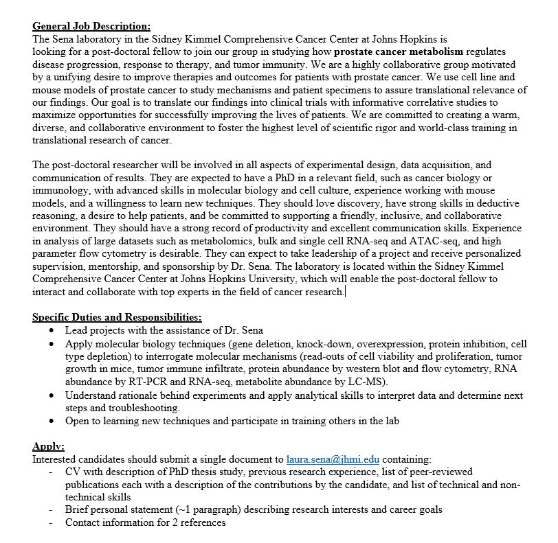 Laura Sena (@laurasenamd) on Twitter photo I am delighted to have the opportunity to mentor a post-doc in the new Sena lab <a href="/hopkinskimmel/">Johns Hopkins Kimmel Cancer Center</a>! Please RT & encourage any interested candidates to talk to me! <a href="/PCF_Science/">PCF Science</a> <a href="/HopkinsMedicine/">Johns Hopkins Medicine</a> <a href="/brady_urology/">The Johns Hopkins Brady Urological Institute</a> <a href="/Hopkins_HemOnc/">Johns Hopkins Hematology and Oncology Fellowship</a> @NUMSTP <a href="/Cell_Metabolism/">Cell Metabolism</a> <a href="/jclinicalinvest/">Journal of Clinical Investigation</a> <a href="/CRC_AACR/">Cancer Research Communications</a> <a href="/ASCO/">ASCO</a> I am delighted to have the opportunity to mentor a post-doc in the new Sena lab <a href="/hopkinskimmel/">Johns Hopkins Kimmel Cancer Center</a>! Please RT & encourage any interested candidates to talk to me! <a href="/PCF_Science/">PCF Science</a> <a href="/HopkinsMedicine/">Johns Hopkins Medicine</a> <a href="/brady_urology/">The Johns Hopkins Brady Urological Institute</a> <a href="/Hopkins_HemOnc/">Johns Hopkins Hematology and Oncology Fellowship</a> @NUMSTP <a href="/Cell_Metabolism/">Cell Metabolism</a> <a href="/jclinicalinvest/">Journal of Clinical Investigation</a> <a href="/CRC_AACR/">Cancer Research Communications</a> <a href="/ASCO/">ASCO</a>