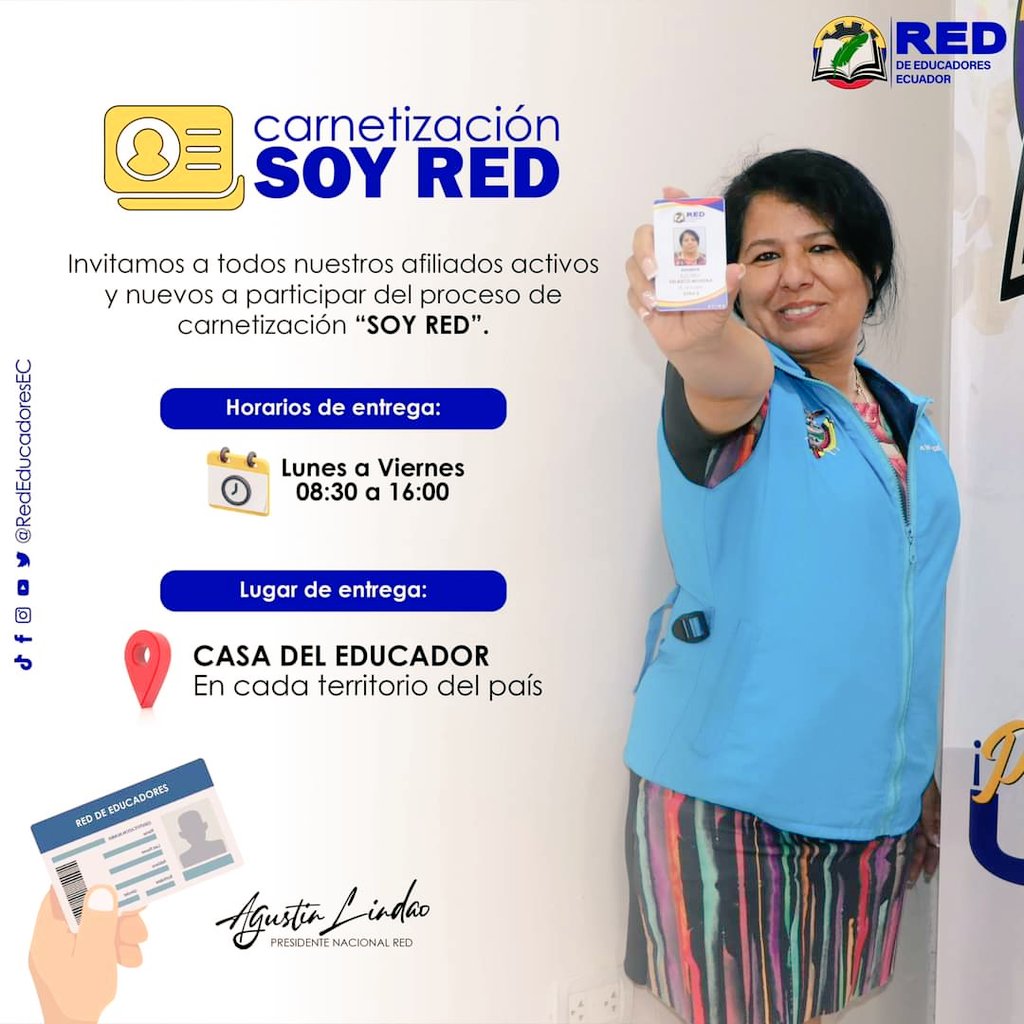 RedMaestrosZon8's tweet photo. 🔺 #SoyRED || Maestros y Maestras, te invitamos a participar en la campaña de carnetización “🗣️ #SOYRED”.
Recuerda que tu credencial te permitirá acceder a nuestros beneficios e identificarte con la organización del #magisterio✊🏽.
Gquil - Esmeralda y Piedrahíta CASA DEL EDUCADOR https://t.co/FLZ8UGfZ7B
