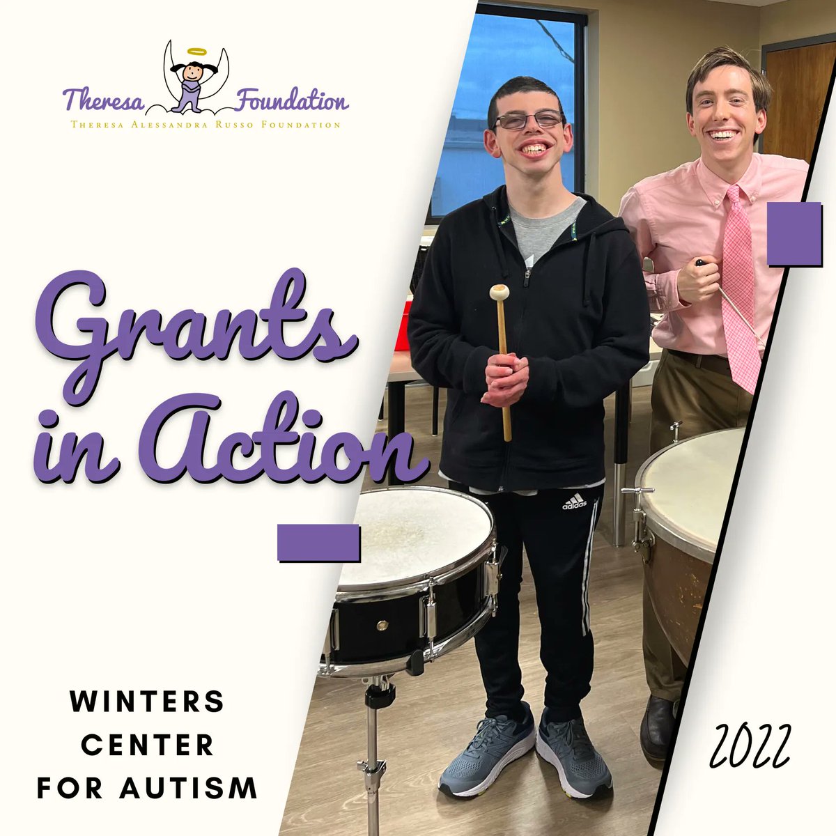 In July 2022, we funded a music grant toward the creation of a Percussion Ensemble and lessons at @Winters4Autism. Led by the incomparable Jeffrey Kautz, the ensemble  holds rehearsals once a week for its upcoming concerts! #theresafoundation #WintersCenterforAutism #musicgrant