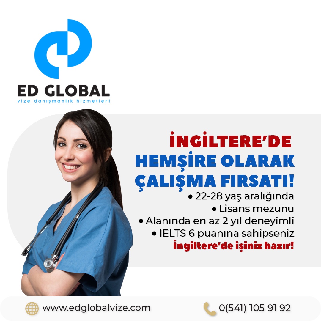 ED Global yeni işbirliği ile, İngiltere'de çalışmak ister misiniz? 🇬🇧
◼ 22-28 yaş aralığındaysanız,
◼ Hemşirelik bölümü Lisans mezunuysanız,
◼ Alanınızda en az 2 yıl deneyimliyseniz, 
◼ IELTS 6 puanına sahipseniz, 
İngiltere'de işiniz hazır! #İngiltere