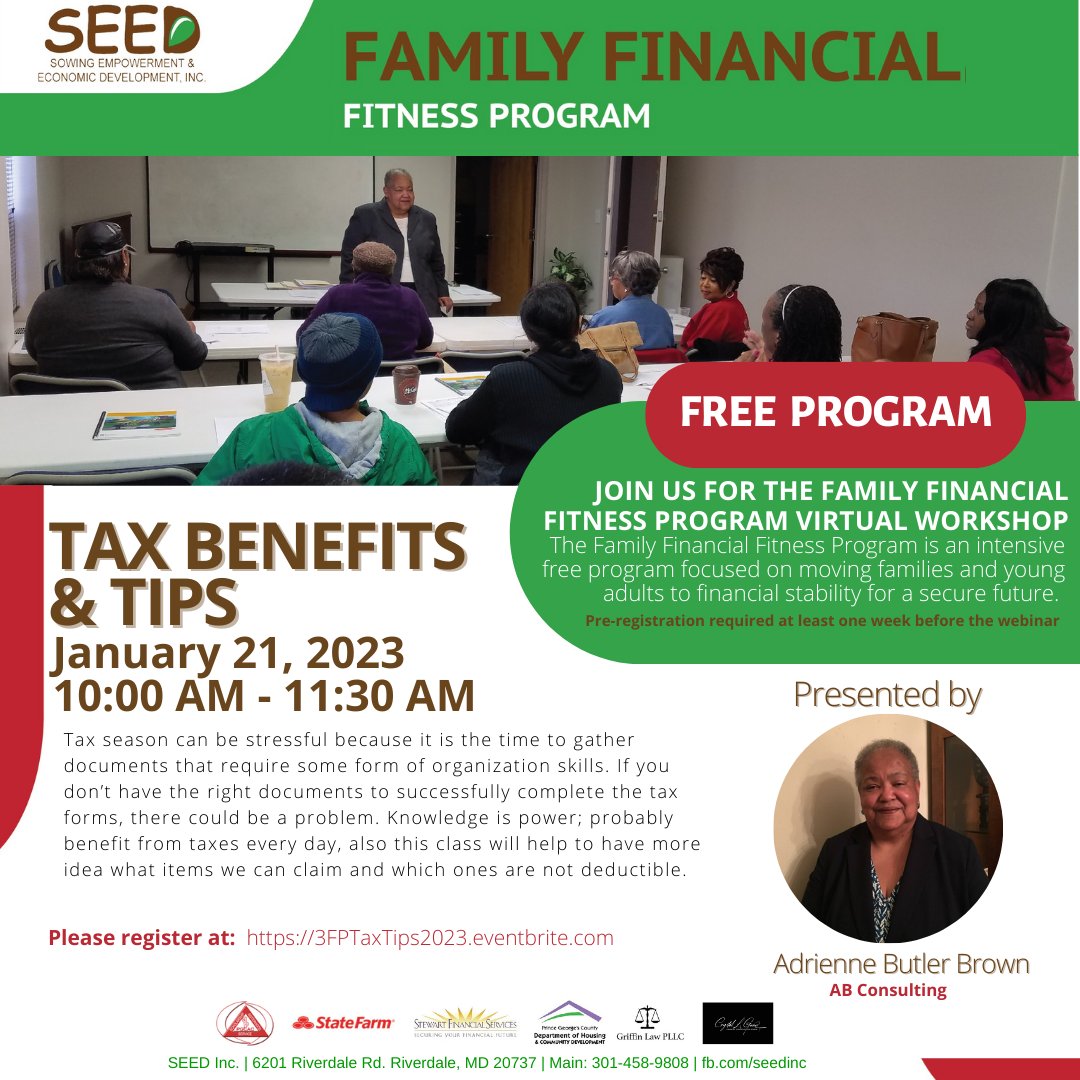 SEED_INC's tweet photo. Are you ready for tax season? If not join SEED Tax Benefits and Tips workshop with Adrienne Butler Brown on 1/21 to learn the basics of income subject to taxation, deductions, exemptions, credits and more. 
Register at https://t.co/skVu4SVXnL https://t.co/tqkn4v72So