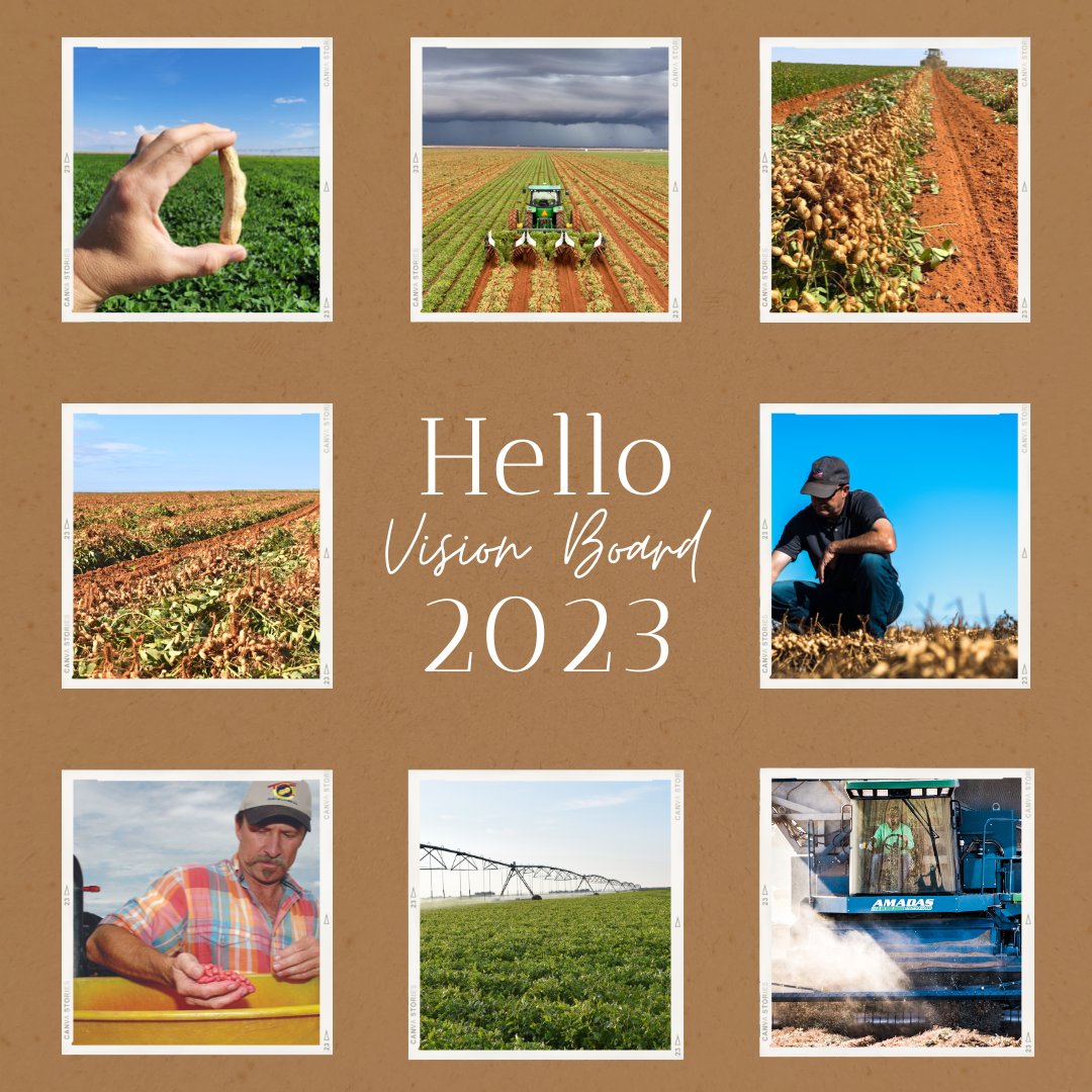 With the new year ahead of us, we aspire to have successful crops, good soil, plentiful rain clouds, good health, and a great harvest of #TexasPeanuts in the coming year. This is our vision board for 2023; what is on your vision board? 
•
•
•
#VisionsFor2023