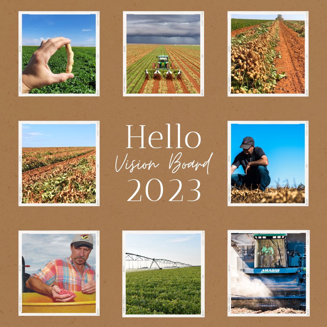 With the new year ahead of us, we aspire to have successful crops, good soil, plentiful rain clouds, good health, and a great harvest of #TexasPeanuts in the coming year. This is our vision board for 2023; what is on your vision board? • • • #VisionsFor2023