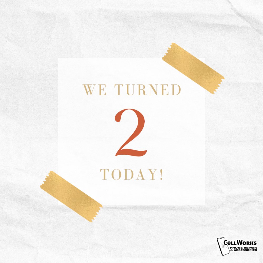 CellworksRepair's tweet photo. CellWorks turns 2 today!! 

We want to take this opportunity to thank our family, friends and valued customers.  Thank you for trusting in us! Thank you for going the extra mile to support us! Thank you for choosing us and being awesome all at once! All of us, here at CellWorks https://t.co/zCluxfqJ3g