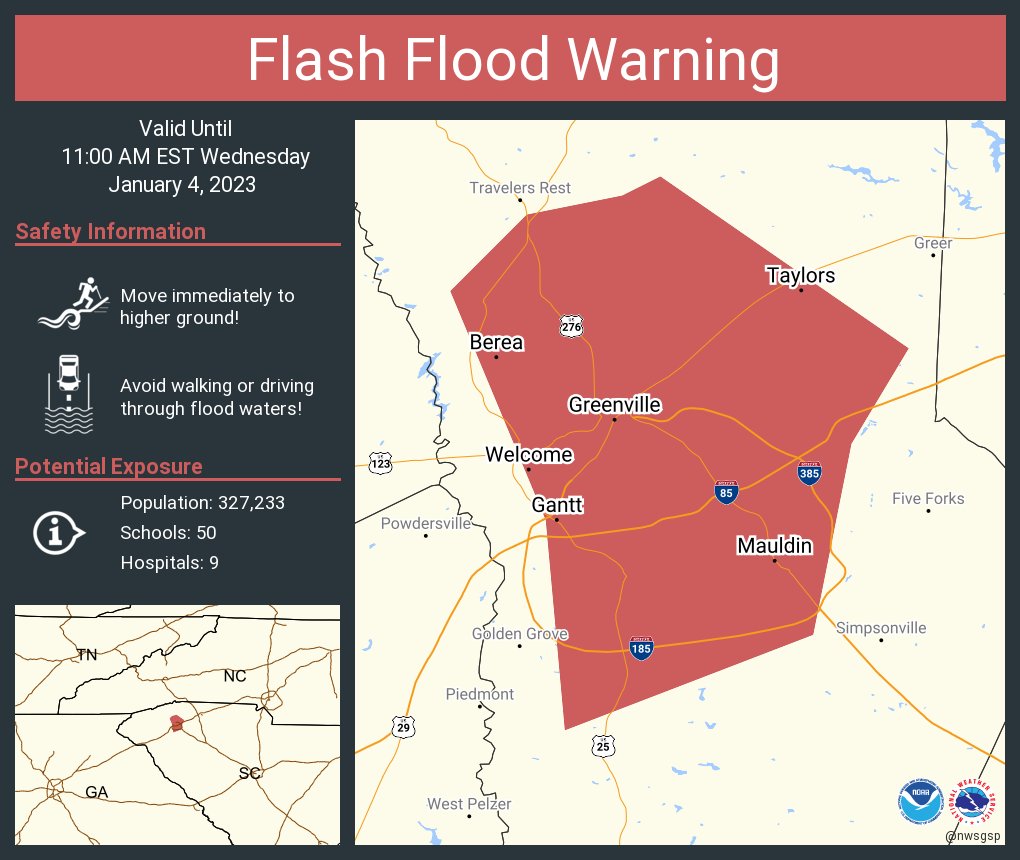 NWSGSP's tweet photo. Flash Flood Warning continues for Greenville SC, Mauldin SC and  Taylors SC until 11:00 AM EST https://t.co/qpYZ3EkByo