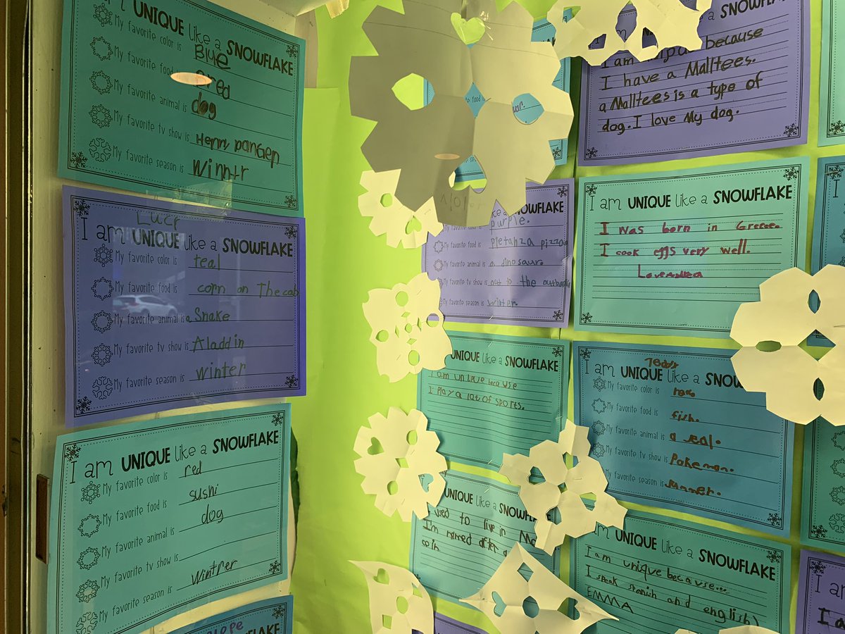 JamestownAPS's tweet photo. First graders are unique like snowflakes!  Stop by our display case to see what makes our firsties so special! ❄️❤️❄️ @JulieGrade1 @missthill2 @FirstKalch https://t.co/P0VEzjzC2W