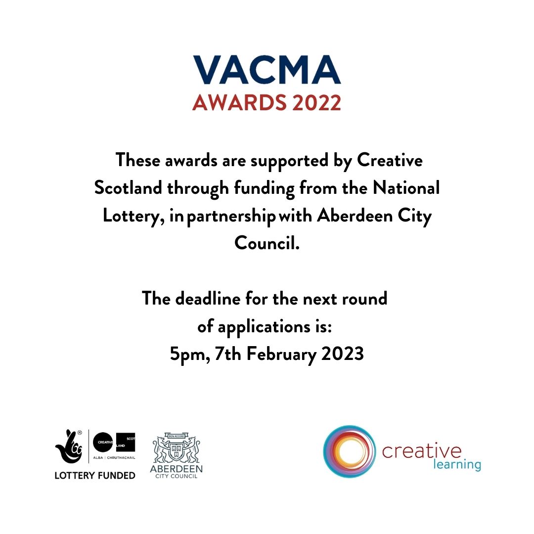 Interested in applying to VACMA? 
Learn more here bit.ly/2U6lD27
Deadline 5pm, 7th Feb '23  

<a href="/CreativeScots/">Creative Scotland</a> <a href="/AberdeenCC/">Aberdeen City Council</a> #NationalLottery #VACMAAberdeen #VisualArtist #CraftMaker #Funding #CreativeDevelopment #CultureAberdeen #ArtistSupport #AberdeenCreatives