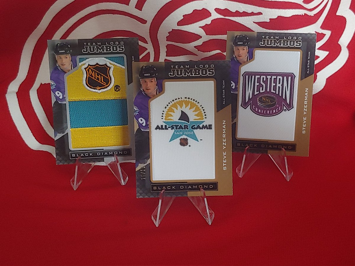 CLESSTER33's tweet image. Not sure but I think that is all of the @UpperDeckHockey Black Diamond manufactured patches. #yzerman