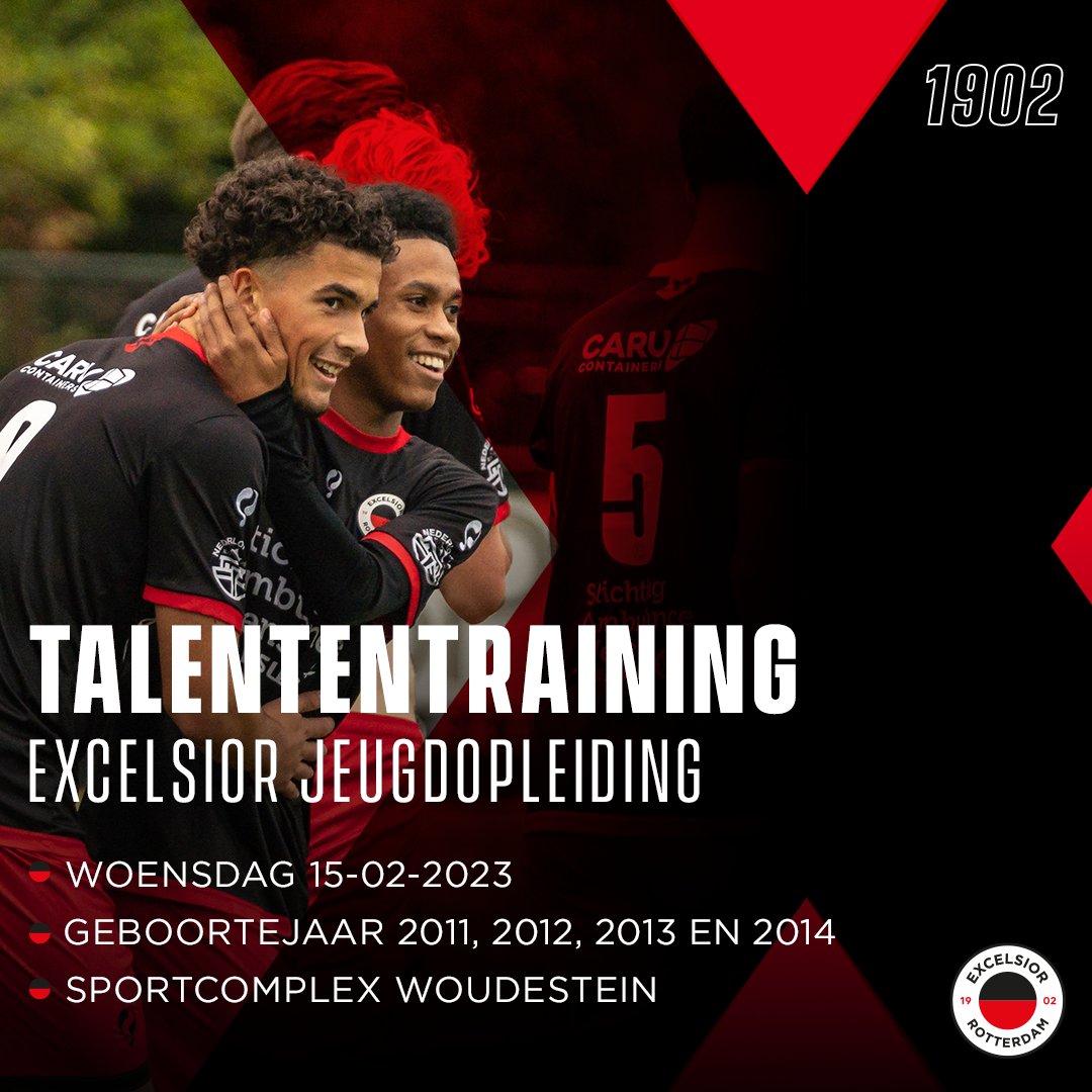 excelsiorrdam's tweet photo. ⚽ 𝗧𝗮𝗹𝗲𝗻𝘁𝗲𝗻𝘁𝗿𝗮𝗶𝗻𝗶𝗻𝗴!
Ben jij geboren in 2011, 2012, 2013 en 2014 en wil jij spelen in de Excelsior Jeugdopleiding! 
✍️ Schrijf je dan nu voor de Talententraining op 15 februari!

📸 Reno Mekes

💪⚫🔴 #samensterk #excelsiorjeugd