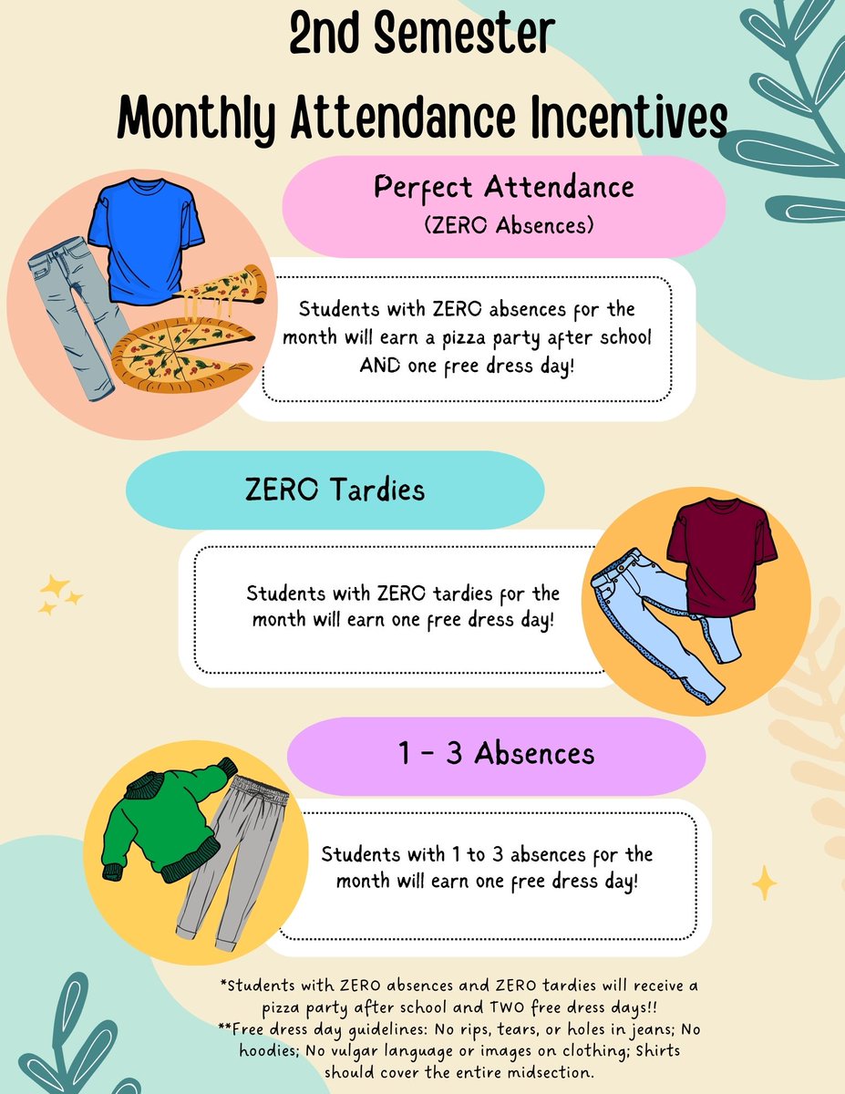 Just announced! Second semester monthly attendance incentives! 🍕👕👖