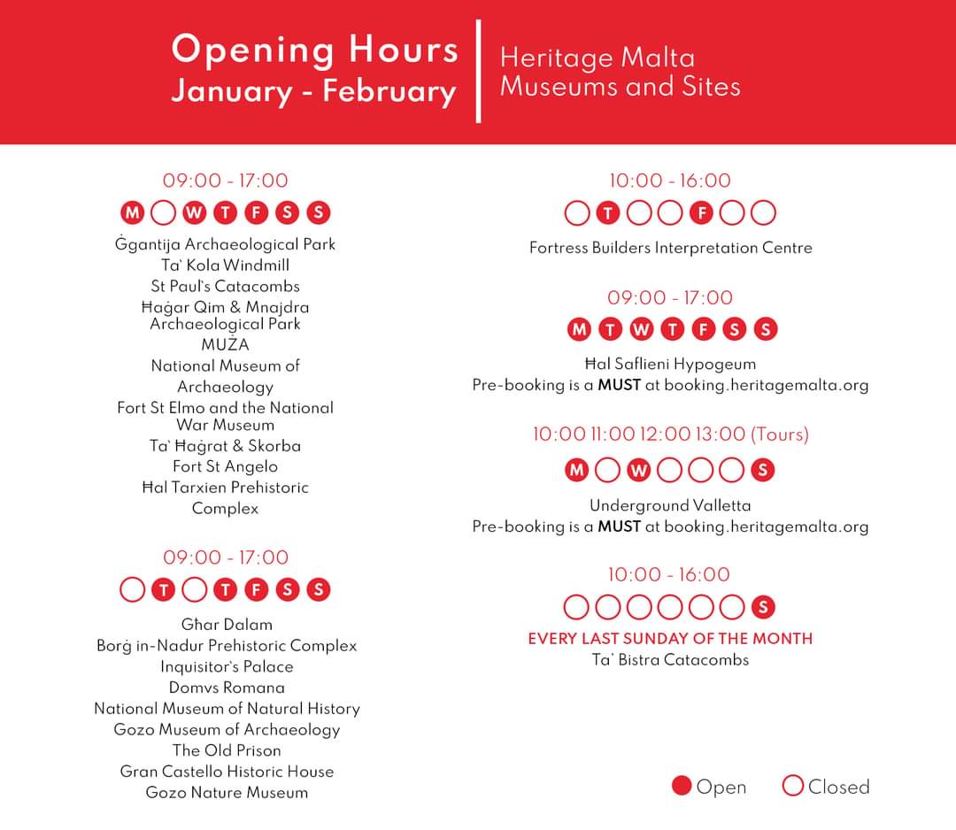 Have a look at the new opening hours of @heritagemalta sites. Our museum will be closed on Tuesdays.