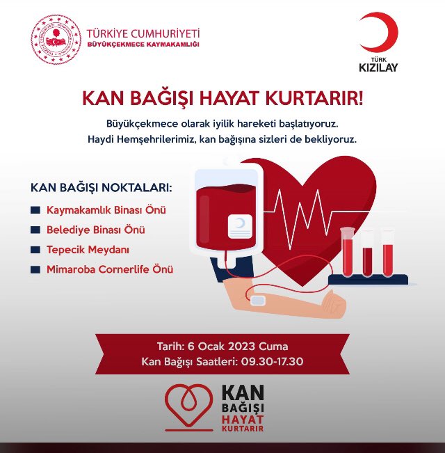 Büyükçekmece Kaymakamlığı ile Kızılay'ın ortaklaşa gerçekleştireceği,
KAN BAĞIŞI HAYAT KURTARIR 
iyilik hareketine, 6 Ocak 2023 Cuma günü saat 09.30-17.30 arasında kurulacaktır.Büyükçekmece Kaymakamlık binası önü Büyükçekmece Belediye binası önünde <a href="/hasan_uygun91/">hasan uygun</a> <a href="/BuyukcekmeceMem/">Büyükçekmece İlçe Millî Eğitim Müdürlüğü</a>