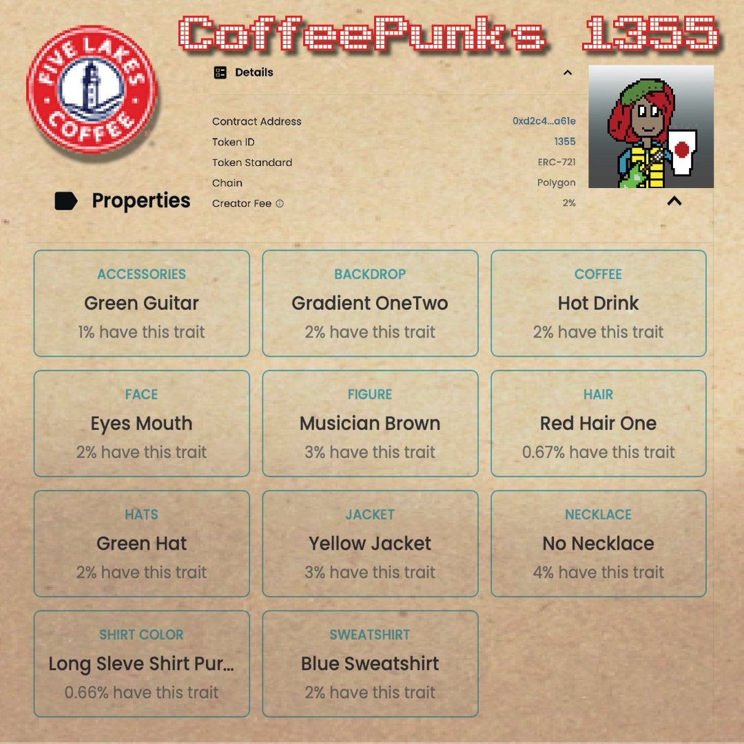 FiveLakesCoffee's tweet photo. GM #NFTCommunity 
Do you go for hot or iced coffee? or does it just depend on the weather? CoffeePunks 1355 typically goes for a hot coffee this time of the year. 
All CoffeePunks come with a 5LKS Trading Card that has a $100 code usable for coffee at https://t.co/oyibYMSxkz. https://t.co/lqCSr52eJm