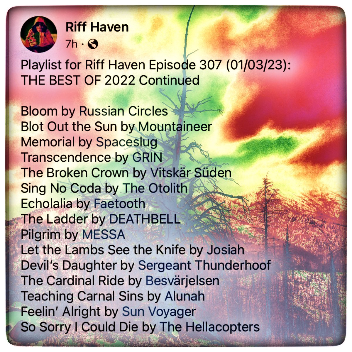 RiffHaven's tweet photo. #RiffHaven #RadioBoise #RussianCircles #Mountaineer #Spaceslug #Grin #VitskarSuden #TheOtolith #Faetooth #Deathbell #Messa #Josiah #SergeantThunderhoof #Besvarjelsen #Alunah #SunVoyager #TheHellacopters https://t.co/lNfo82NHXJ