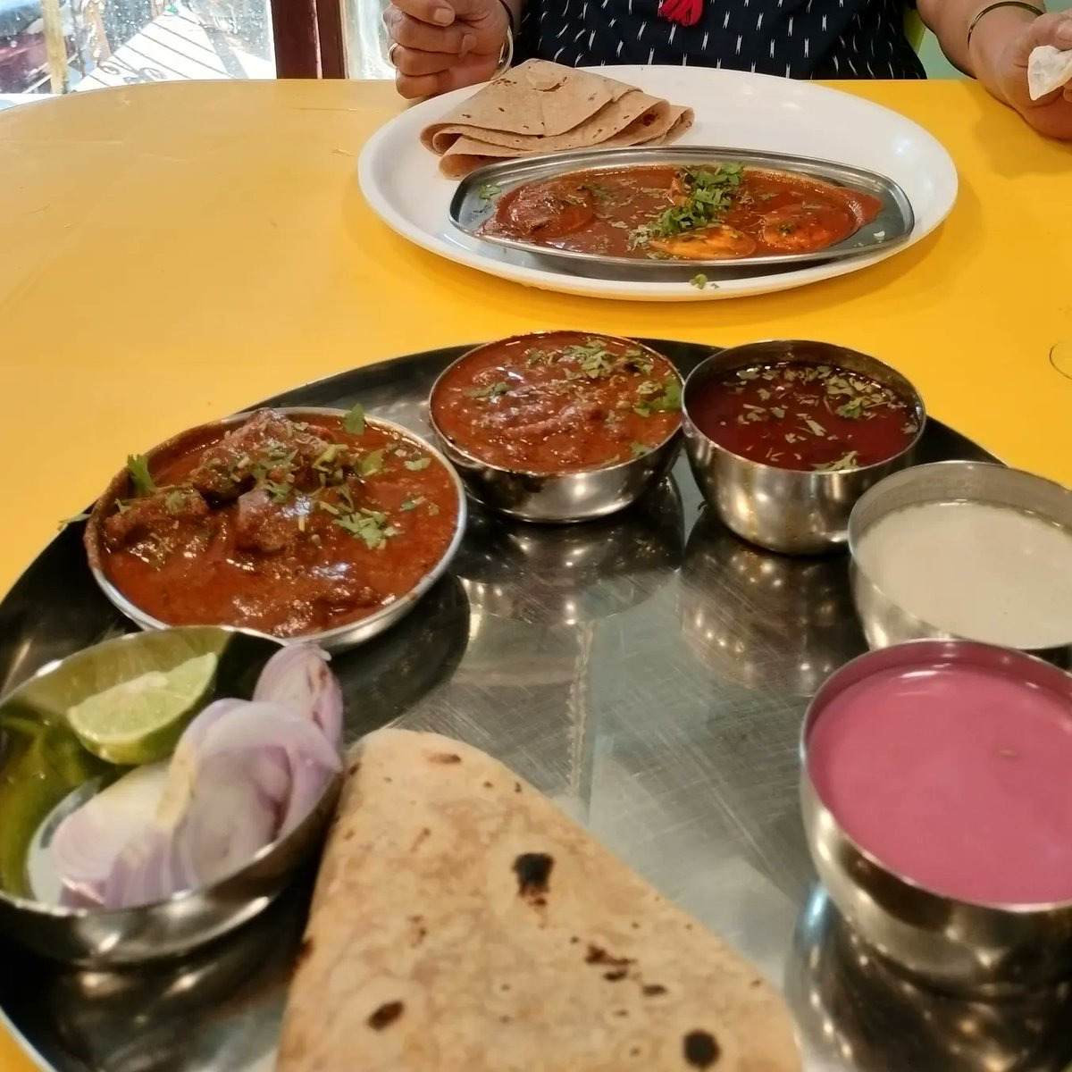 NotMengele's tweet photo. In a small lane off Gokhale Road in Thane, bang opposite the Chitale Bandhu outlet, is Mast Masala, which I can only describe as a meat lover's paradise. Their thalis ars overflowing with delicious food and their solkadi goes straight to your soul. 
Thank me later. https://t.co/uuvGCKmQz0