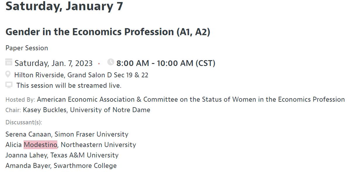 To continue the conversation about gender within the profession come to this <a href="/AEACSWEP/">CSWEP</a> session hosted by <a href="/Kasey_Buckles/">Kasey Buckles</a> and featuring work presented by <a href="/danilaserra_eco/">Danila Serra</a> on econ majors
<a href="/mb_econ/">Marcus Biermann</a> on remote talks
<a href="/AmyHandlan/">Amy Handlan</a> on recorded tones
 <a href="/mariekekleemans/">Marieke Kleemans</a> on full professorship