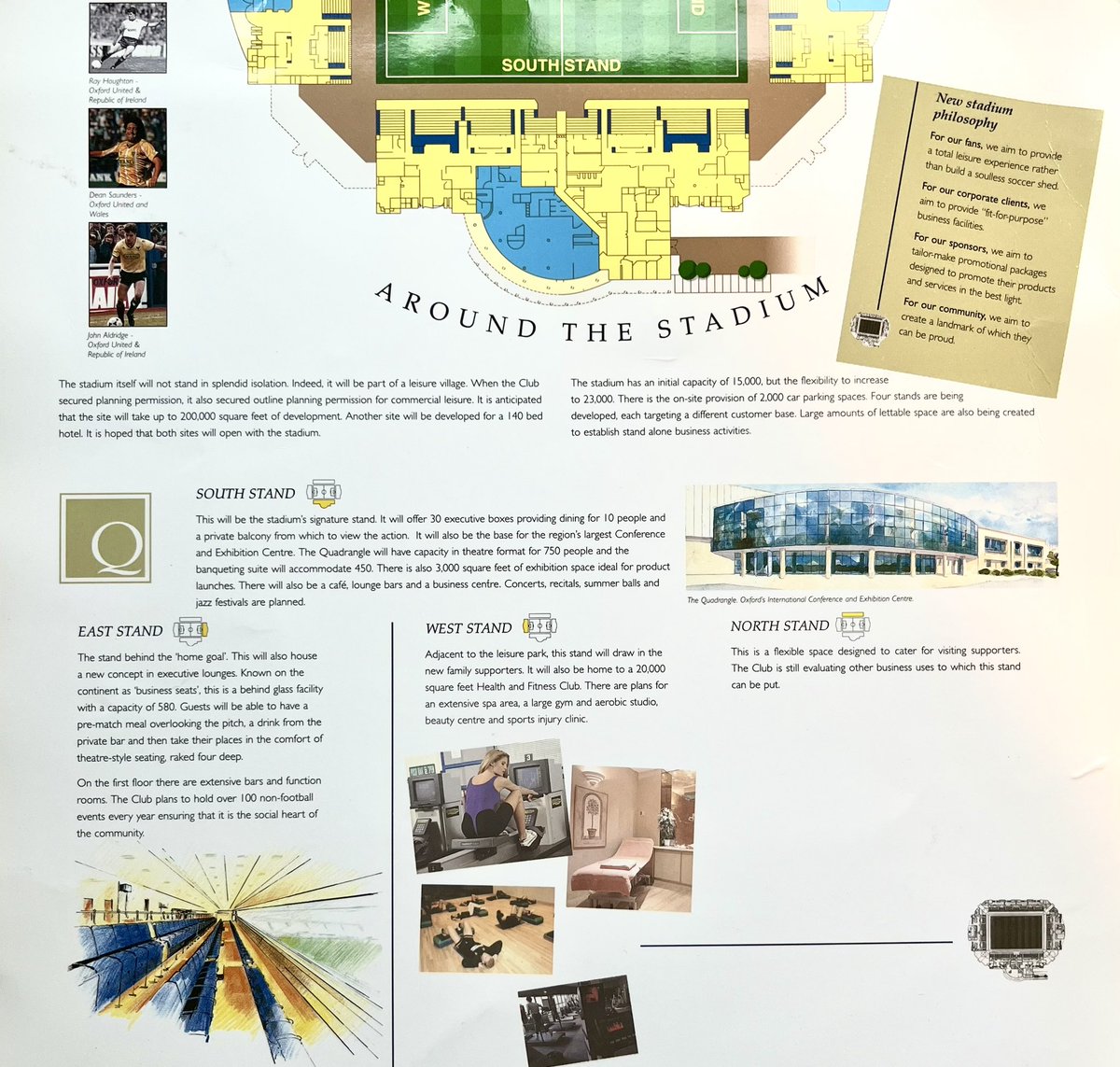 ADawsonBros's tweet photo. The original brochure for Oxford United’s stadium at Grenoble Road. “Opens in August 1997”. Executive lounges seating 580 in the East Stand. Health &amp; Fitness Club in the West Stand. #oufc https://t.co/yDFhoKyIHh