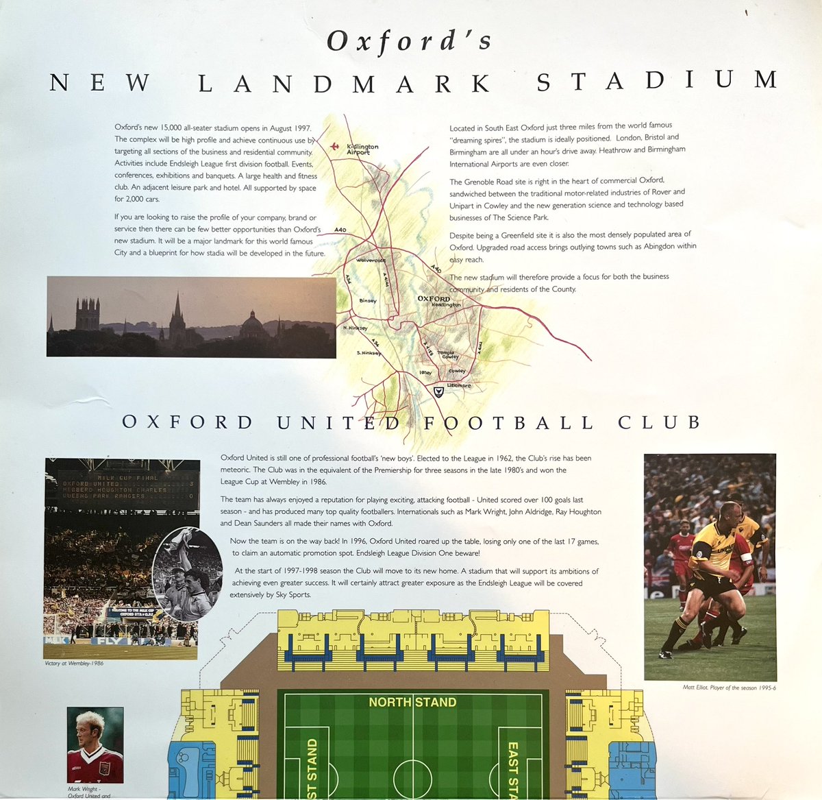 ADawsonBros's tweet photo. The original brochure for Oxford United’s stadium at Grenoble Road. “Opens in August 1997”. Executive lounges seating 580 in the East Stand. Health &amp; Fitness Club in the West Stand. #oufc https://t.co/yDFhoKyIHh