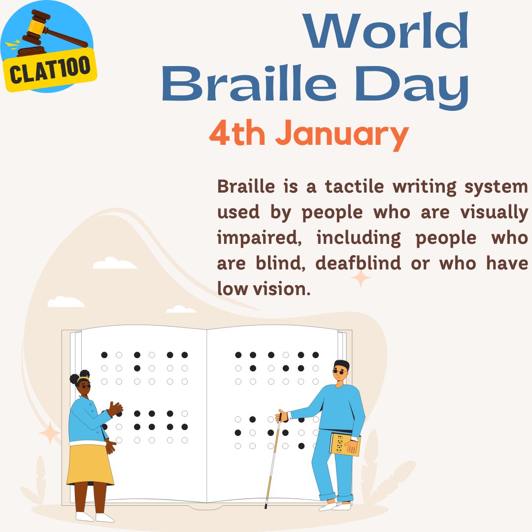 World Braille Day is being observed today. The day commemorates the birth anniversary of French educator Louis Braille, who invented the Braille language in the year 1809. 

#brailleday #worldbrailleday #motivation #importantdays #gk #currentaffairs #gkquiz #louisbraille