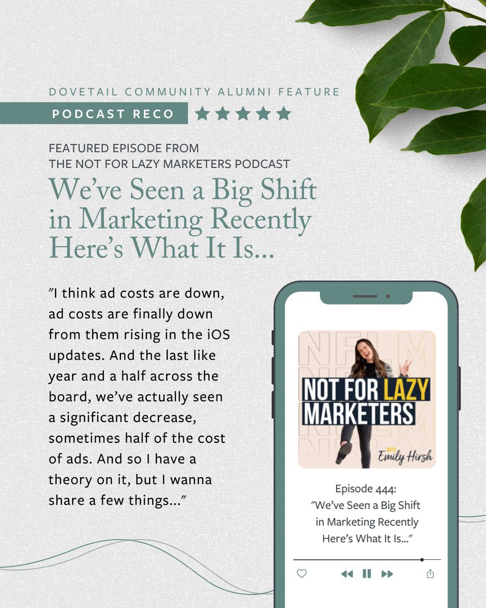 DovetailCanada's tweet photo. #PodcastReco: Not For Lazy Marketers hosted by Dovetail Alum Emily Hirsh!

This podcast gives you an inside look at The Not For Lazy Marketers Process, how they get these results consistently for their clients, and more!

Check out all the episodes here: https://t.co/cBWzP0ltVm https://t.co/Cdtqwuu8uC