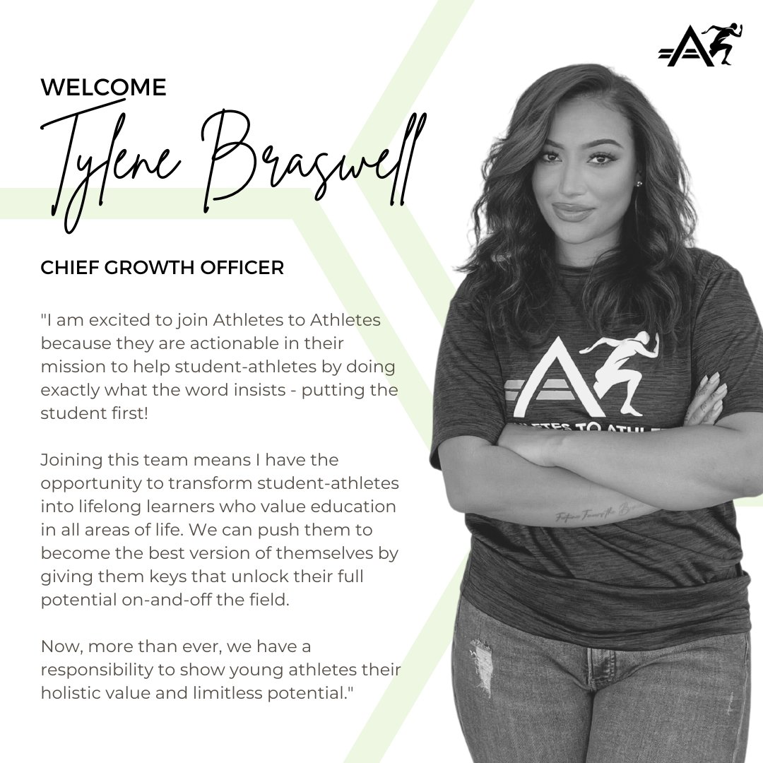 We are so excited to Welcome Tylene Braswell to the A2A team! 

Tylene joins A2A with nearly a decade of experience working with athletes at all levels and being a leader in the startup space.

Tylene will serve as the Chief Growth Officer.  Welcome to the team Tylene!