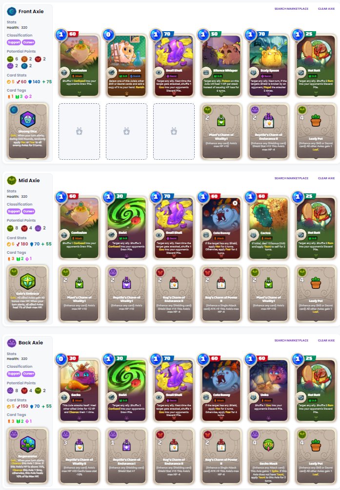 dadc01's tweet photo. Sustain burn and confused build - haven't tested it yet due to holidays and land but might be effective to trash energy burst deck
Thorny goo might be better and cheaper tho if not nerfed XD
https://t.co/9M8l8P5vtp
#BuildTheMeta #AxieOrigins
@AxieInfinity https://t.co/bfRCPpTN0C