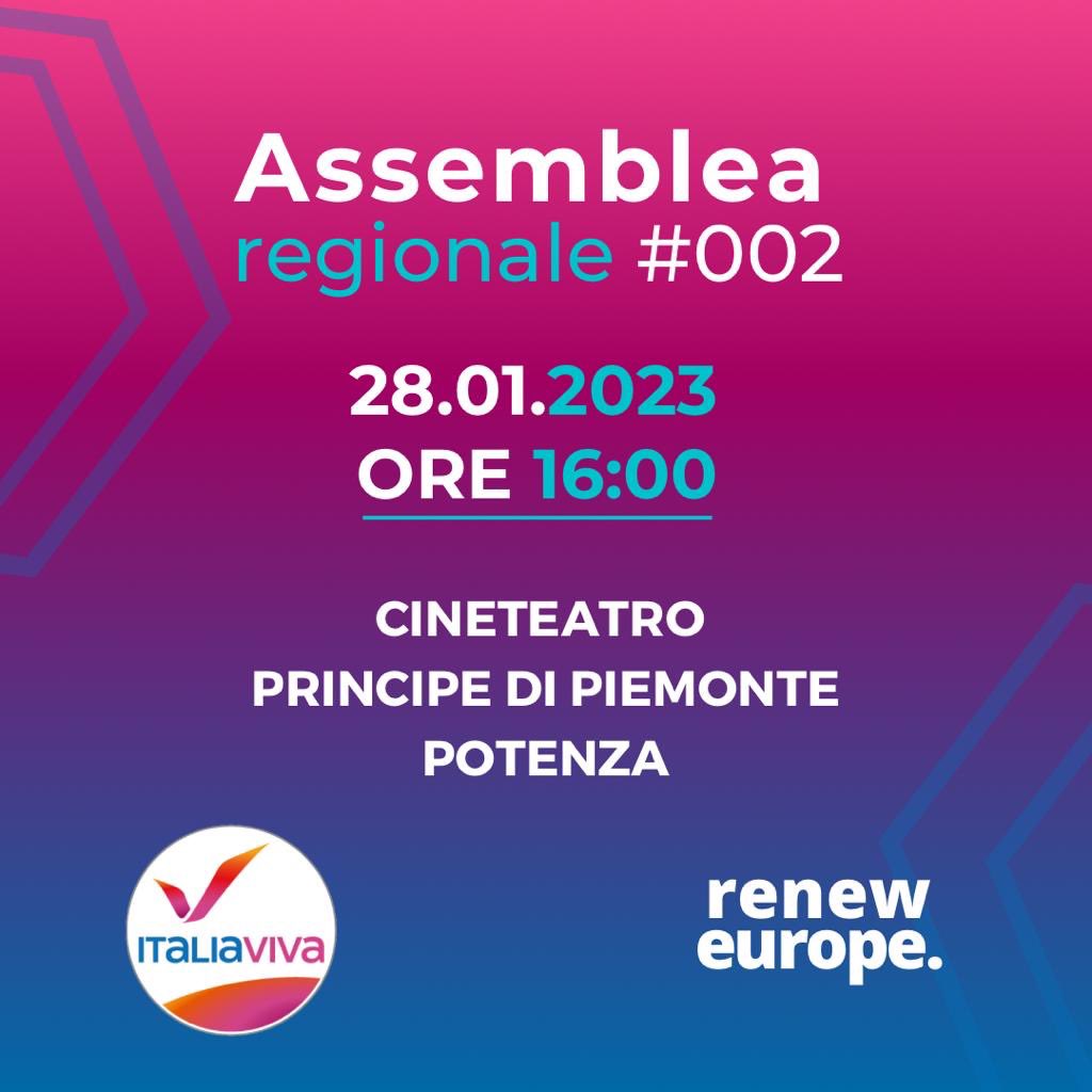 italiavivabas's tweet photo. Sabato 28 gennaio Assemblea regionale di Italia Viva - Renew Europe a Potenza verso il Terzo polo
@italiavivabas @ItaliaViva https://t.co/caf7KyPe4O