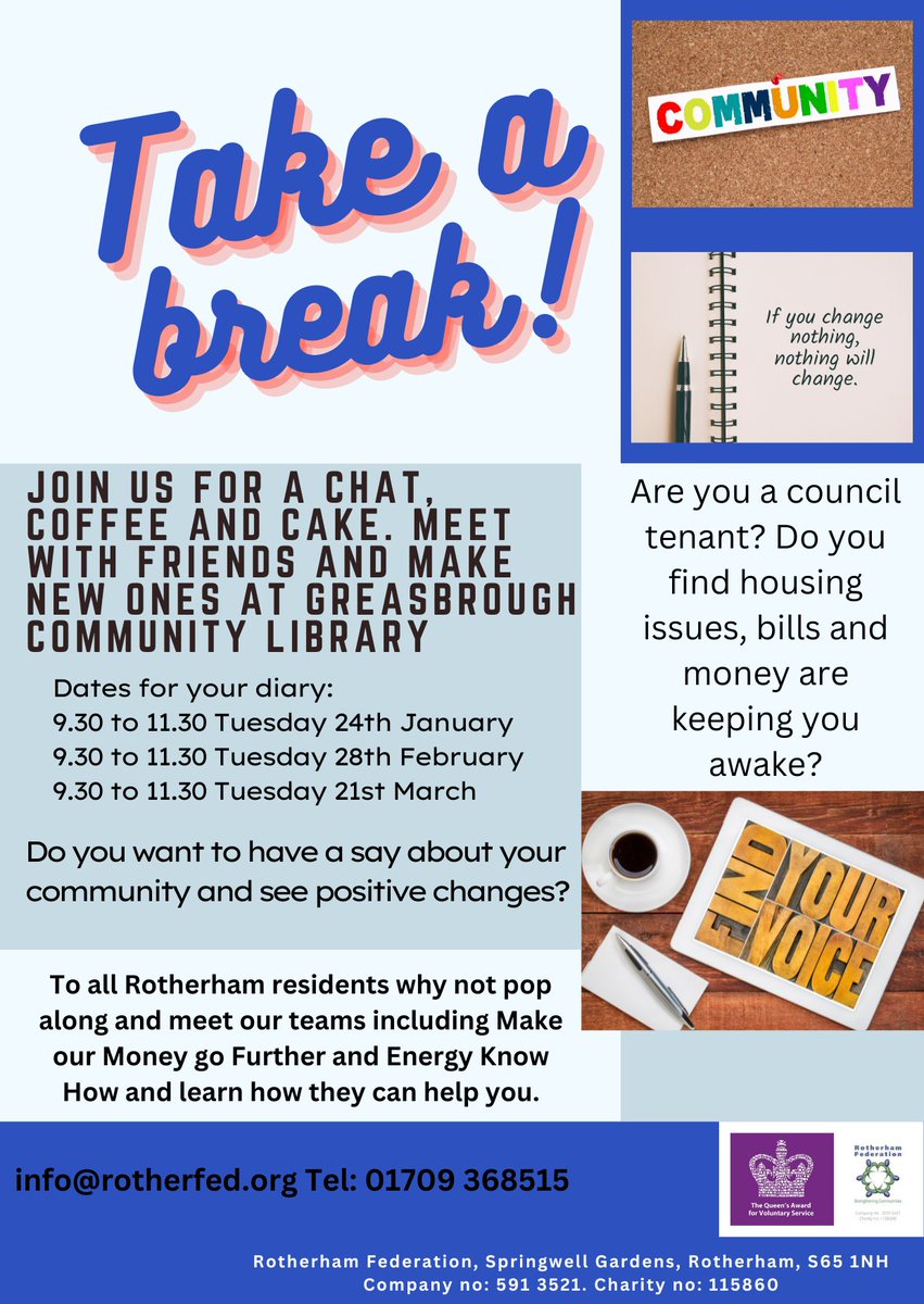 Join us for free coffee events at Greasbrough Community-Library.
The dates from Jan-March 2023 are on the flyer, pop along for a chat  about council housing, your community or just to have your say? Meet our teams from Momgf RotherFed & Energy Know How.  #StrongerCommunities
