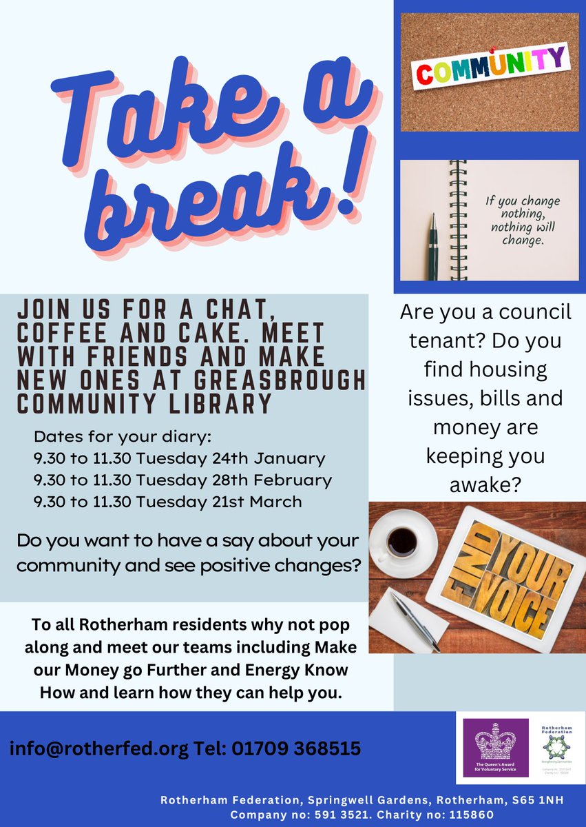 Join us for free coffee events at Greasbrough Community-Library.
The dates from Jan-March 2023 are on the flyer, pop along for a chat  about council housing, your community or just to have your say? Meet our teams from Momgf RotherFed &amp; Energy Know How.  #StrongerCommunities