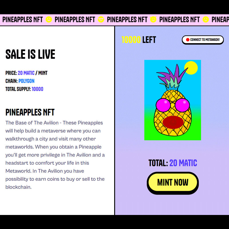 TheAvilion's tweet photo. Pineapples #NFT mint only for 20 $MATIC

#mint 4 #metaverse