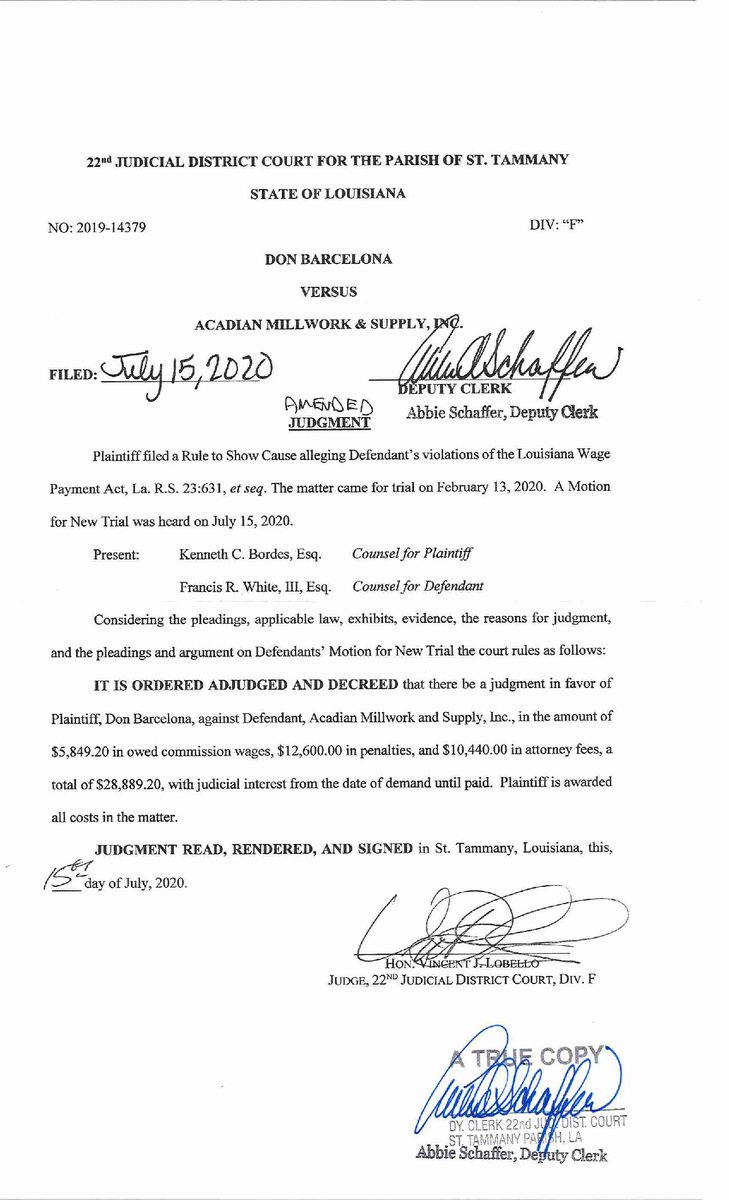 GQBordes's tweet photo. Trial verdict for LA workers! Trial court correctly found $5,849.20 in earned commissions, unpaid at termination, are due and owing under the LWPA. Employer's refusal to pay resulted in additional $23,040.00 in statutory penalties and attorney fees. #LWPA #unpaidwages #wagetheft https://t.co/KuUKByOWYO