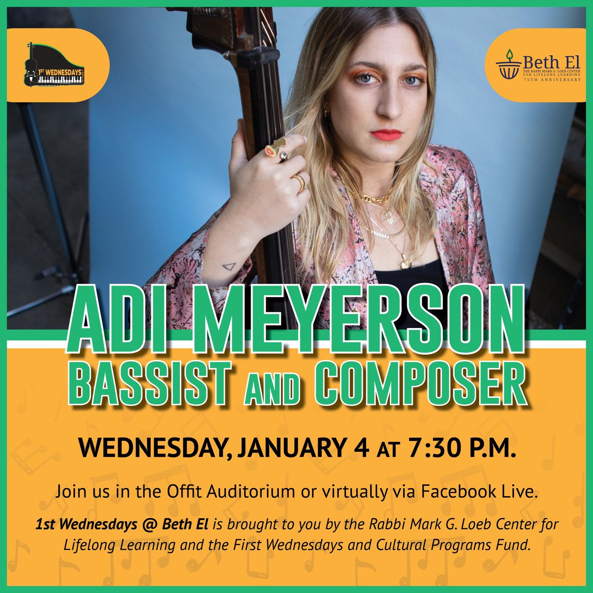 BethElBalto's tweet photo. Join us TONIGHT for our 1st Wednesday's concert series with bassist and composer @AdiMeyerson. #BethElBaltimore #BethElCelebrates75 #LiveMusic #Jazz #Pikesville #Baltimore https://t.co/LJ9bHEizeq