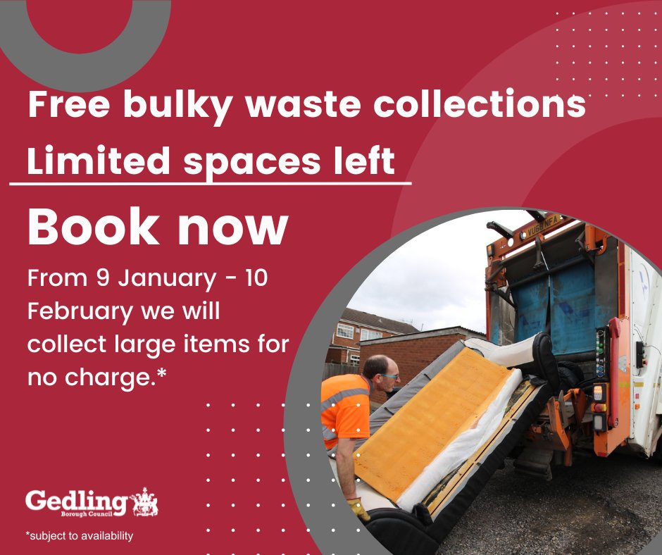 Due to high demand for our free bulky waste collections, some areas are now fully booked

💻 To book a collection, please visit orlo.uk/jhcSI as our phone lines are very busy. If the online form is not letting you book then unfortunately all slots have been taken.