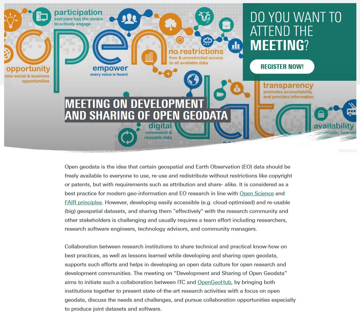 Join us for <a href="/FacultyITC/">Faculty ITC | University of Twente</a> - <a href="/opengeohub/">OpenGeoHub Foundation</a> meeting on #development and #sharing of #Open #Geodata to discuss best practices and #lessonlearned. 18 January, 9:45-17:00, ITC Auditorium or online. Registration: itc.nl/big-geodata/me… <a href="/ITCAlumni/">ITC Alumni (inactive)</a> <a href="/OpenSciTwente/">@OpenSciTwente@akademienl.social</a> <a href="/UTwente/">University of Twente (inactive)</a> <a href="/utwentedcc/">@University of Twente - Digital Competence Centre</a>