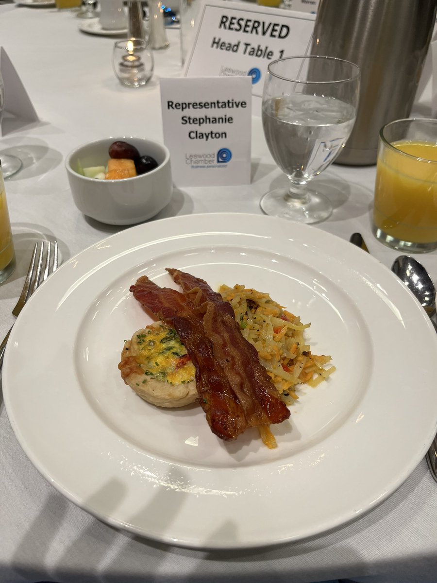 Good morning from the <a href="/leawoodchamber/">Leawood Chamber</a> #ksleg breakfast! Looking forward to providing an update with fellow Leawood delegation members <a href="/Poskin4KS/">Representative Mari-Lynn Poskin</a> <a href="/ethancorson/">Ethan Corson</a>, Kellie Warren and Carl Turner. Also, bacon.