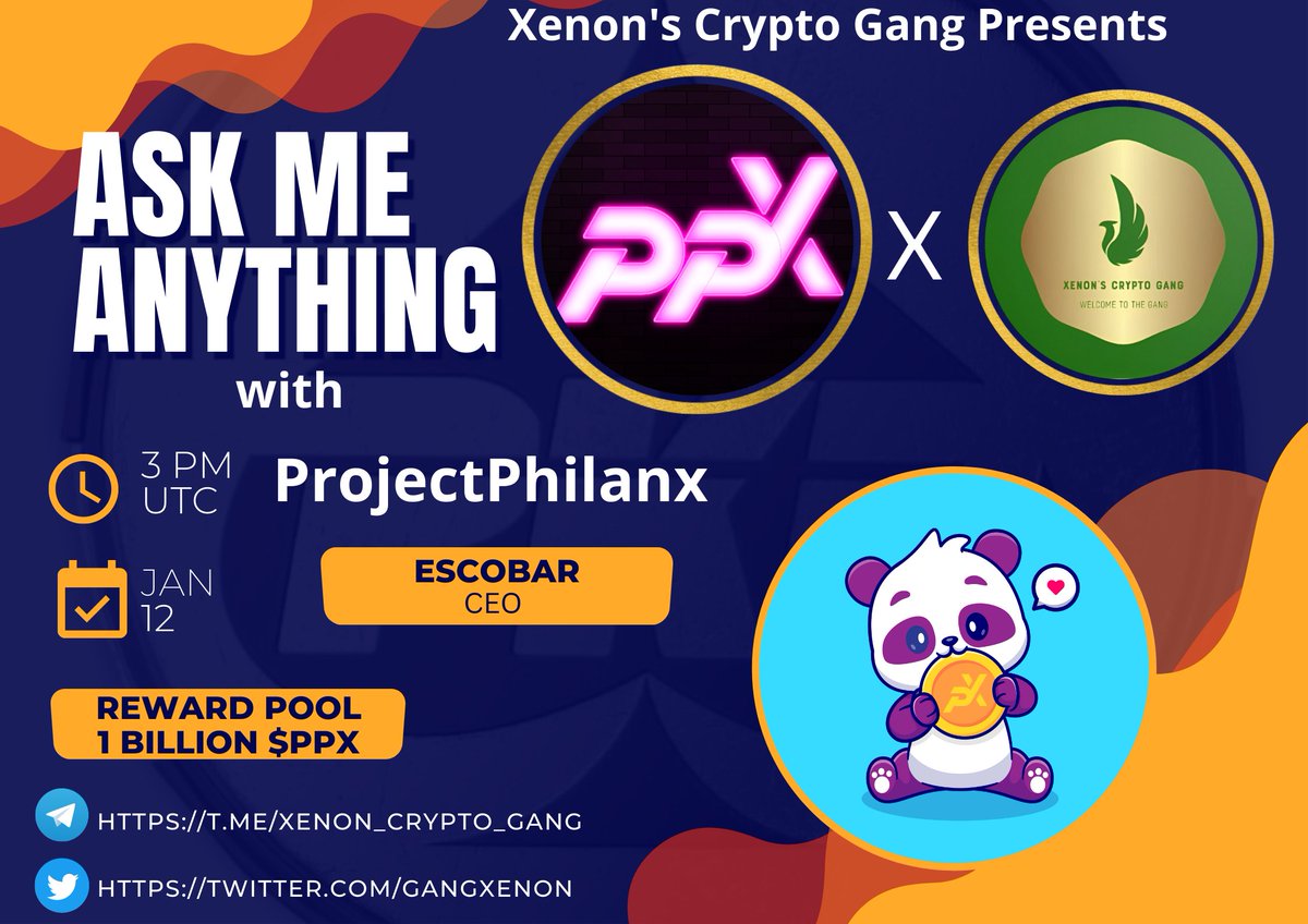 Xenon's Crypto Gang will host an #AMA session with <a href="/ProjectPhilanX/">ProjectPhilanX</a> on 12th January 2023 at 3 PM UTC
Venue : t.me/Xenon_Crypto_G…

Reward Pool : 1 Billion $PPX

Rules: 
1️⃣FOLLOW @GangXenon and <a href="/ProjectPhilanX/">ProjectPhilanX</a>
2️⃣LIKE AND RETWEET
3️⃣Comment your questions (max 3) tagging 3 friends