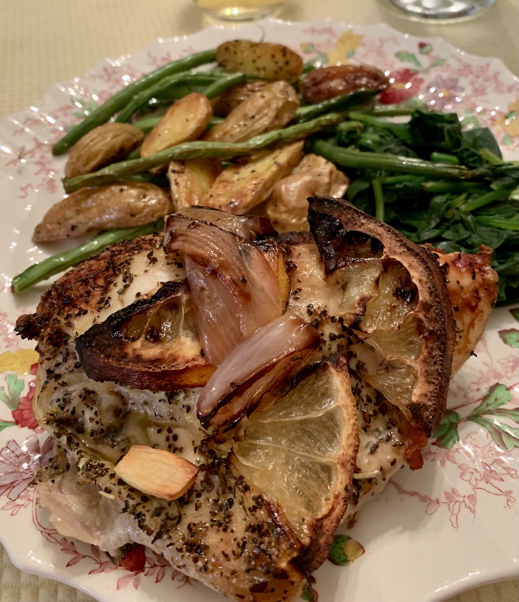 Lemon and shallot roasted chicken breasts, roasted fingerling potatoes and French green beans and steamed spinach #twittersupperclub  #inagarten.