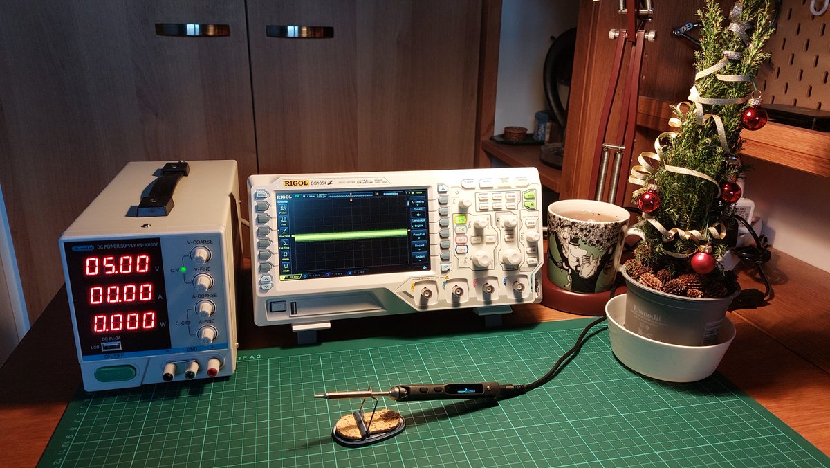 1 Birthday + 2 New Years = my home lab has been set up!

Setup components:
- oscilloscope Rigol DS1054z
- soldering iron TS100
- green protection cover
- lab power supply by DR Meter

#electronics #diy #arduino #oscilloscope #embedded #engineering #newyeargift