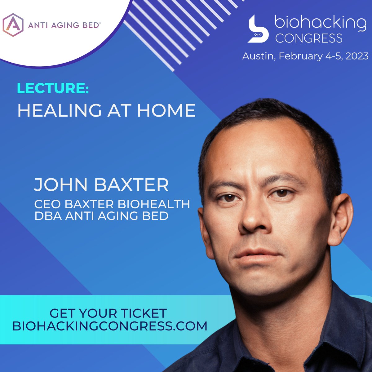 BiohackCongress's tweet photo. John Baxter, CEO Baxter Biohealth dba Anti Aging Bed  @antiagingbed joined us as a speaker at the upcoming #BiohackingCongress in #Austin on February 4-5th, 2023💜

🔥 Hurry up and Get your Ticket "General” and “VIP”  with 60% OFF by promo code ATX60:
https://t.co/o1gNZtEWTS https://t.co/DzbZq3PZTk