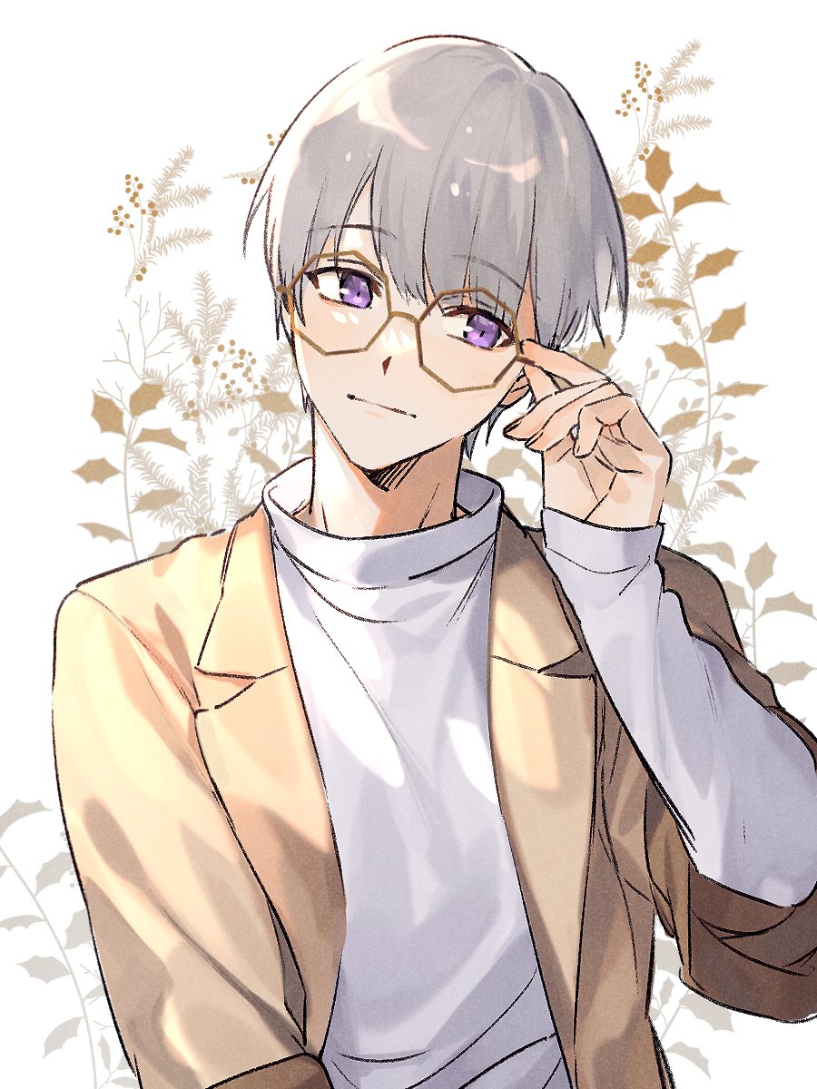 1boy male focus solo purple eyes glasses grey hair upper body  illustration images