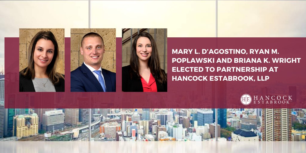HancockLawLLP's tweet photo. We are thrilled to announce Mary D'Agostino, Ryan Poplawski and Briana Wright have been elected to the firm's partnership! 
https://t.co/5rc1IRhVVj
#newpartners #hancockestabrook #partnership #Syracuse https://t.co/lT9p9mPcbP