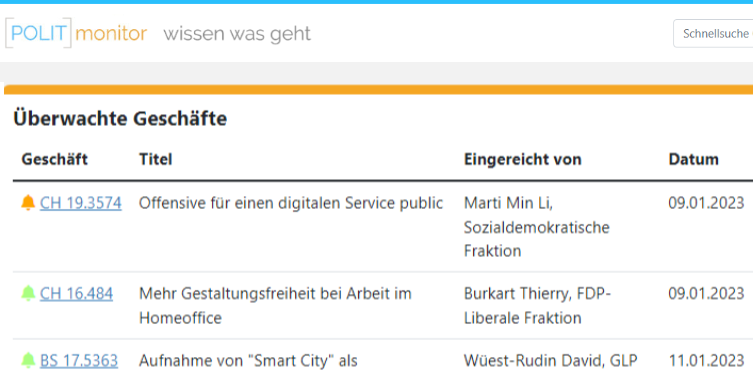 POLITmonitor_CH's tweet photo. Wollen Sie stets den Überblick über alle Geschäfte in den nationalen Kommissionen oder kantonalen Parlamenten behalten? Mit dem #POLITmonitor sind Sie immer auf dem Laufenden und wissen, wann die von Ihnen überwachten Geschäfte auf der politischen Agenda stehen. https://t.co/PvAWrvwk92