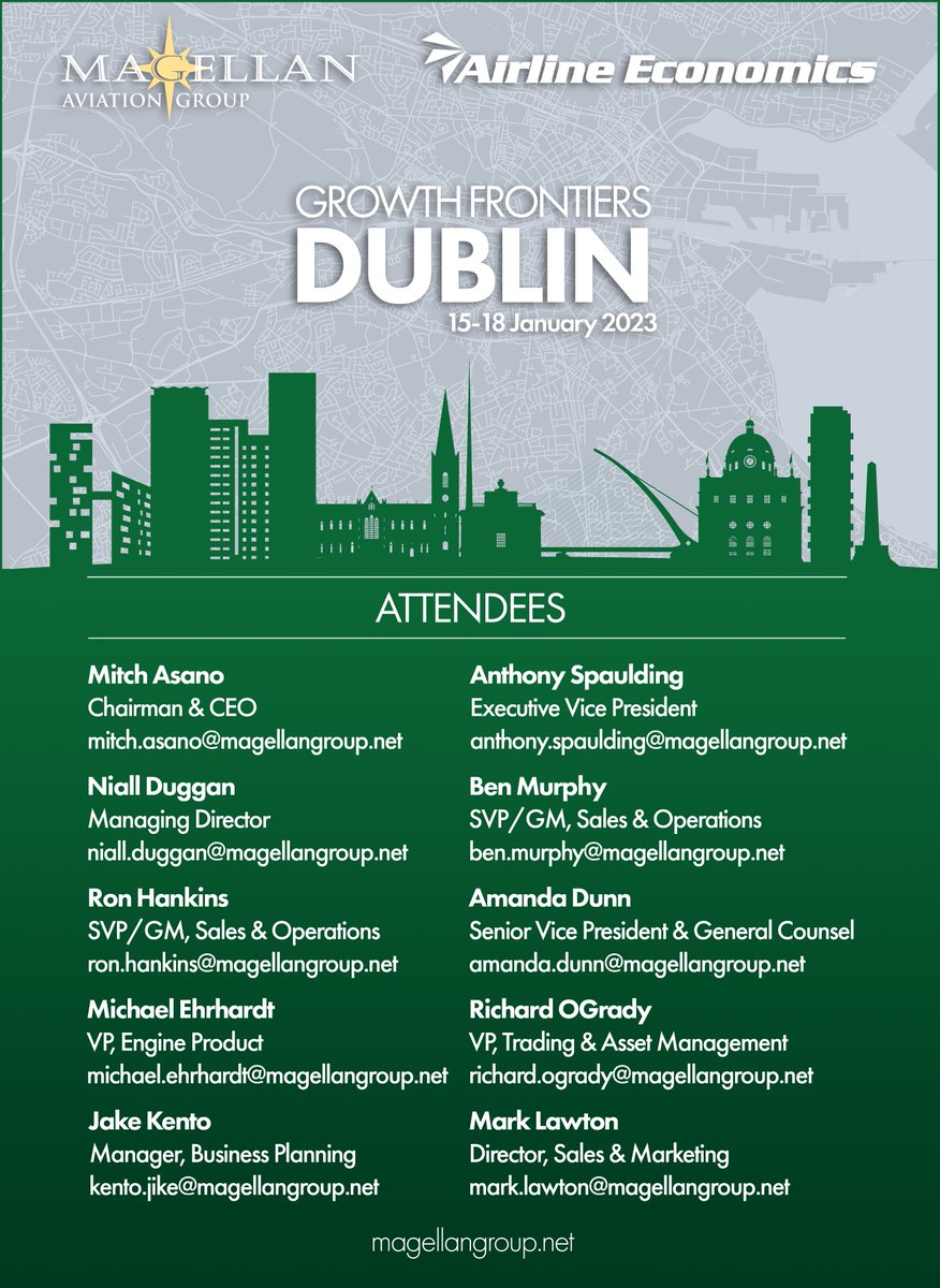 Magellan Aviation Group invites you to meet our team at Growth Frontiers Dublin. If you would like to schedule a meeting with our team, please reach out to one of our attendees below.
#Magellangroup #aviation #aviationindustry #aviationnews #aviationdaily #airlineeconomics #aog