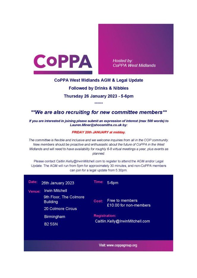 HNY all 🥳

First event of 2023 for CoPPA West Mids coming up later this month. 

We’re also recruiting for new committee members so pls do submit interest if you fancy joining a welcoming, proactive group of COP people from the Midlands
#event #committee #courtofprotection #cop