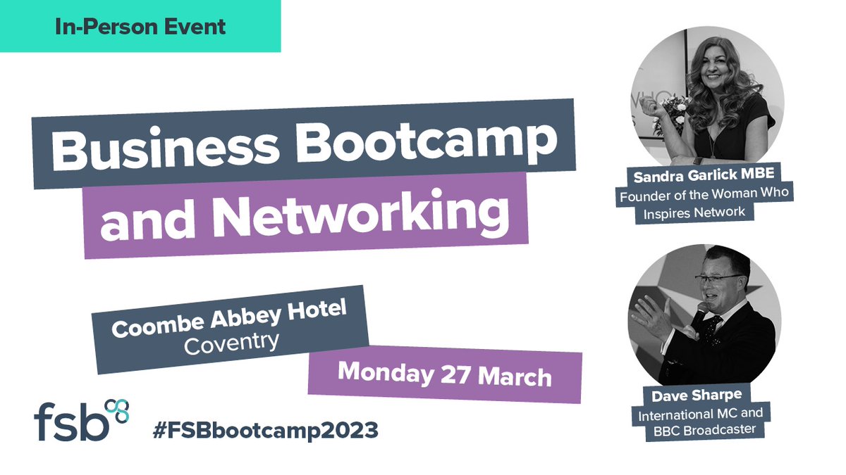 Looking forward to our FSB Bootcamp and Networking event @CoombeAbbey in March 2023 Join hosts @SandraGarlick and @SharpeByName and many other speakers at this FREE event to hear tips on how to grow your business. Exhibition stands also available. fsb.org.uk/event-calendar…
