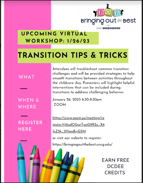 uncg_botb's tweet photo. ** Upcoming Training Opportunity For Teachers**  Join us on Thursday, January 26 for our Transition Tips &amp; Tricks Training. Click the link to register! https://t.co/KXo0OSipmU or visit our website https://t.co/8ITvy7VgKz https://t.co/OTwVMbYkBL
