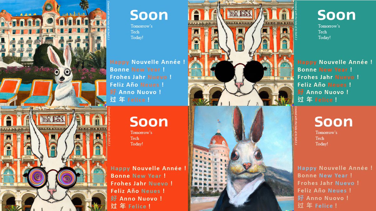 Best wishes for the New Year!
2023 is just beginning, see you SOON!
These images were created with the assistance of Dall.E2 from <a href="/OpenAI/">OpenAI</a>: the Chinese New Year rabbit on the Promenade des Anglais (Nice, France)...