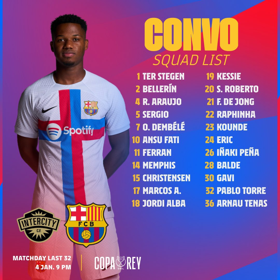 Resmi : Daftar squad FC Barcelona untuk pertandingan 32 besar CDR menghadapi Intercity dini hari nanti.

Pemain yang tidak diikutsertakan :
- Keputusan Pelatih : Lewandowski &amp; Pedri

Menurut kalian siapa yang pantes masuk starting line up les?

#VisçaBarça
#Indobarca