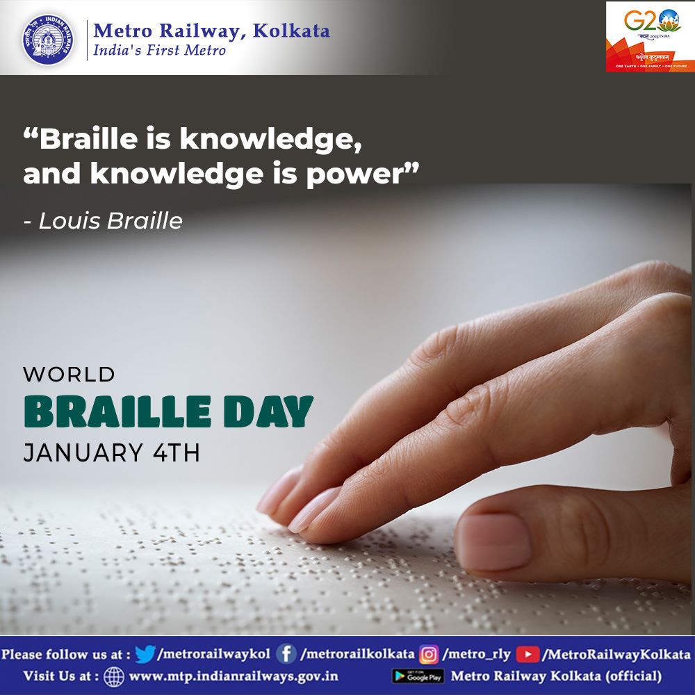 metrorailwaykol's tweet photo. On #WorldBrailleDay we pay our respect to Louis Braille, the inventor of the #BrailleSystem of reading and writing for blind and visually impaired.
#KolkataMetro
#MetroRailway
#TransformingKolkata
#youngkolkatans
#Metro4Connectivity
#MetroRail
#HappyNewYear2023 https://t.co/tx72I9IQfB