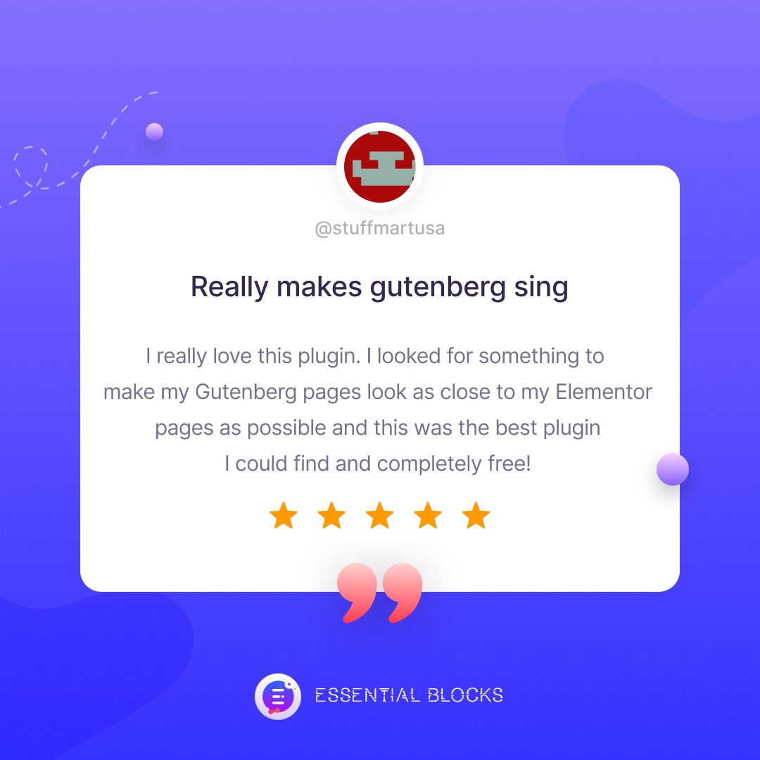 EssentialBlocks's tweet image. 🤩 &apos;Really makes Gutenberg sing&apos; ~ says one of our valued users &amp;amp; we believe we couldn&apos;t have said it better! 

Everyday, we grow to infinity because of the extraordinary love &amp;amp; support we receive from our customers. Thank you. 💙

#review #essentialblocks